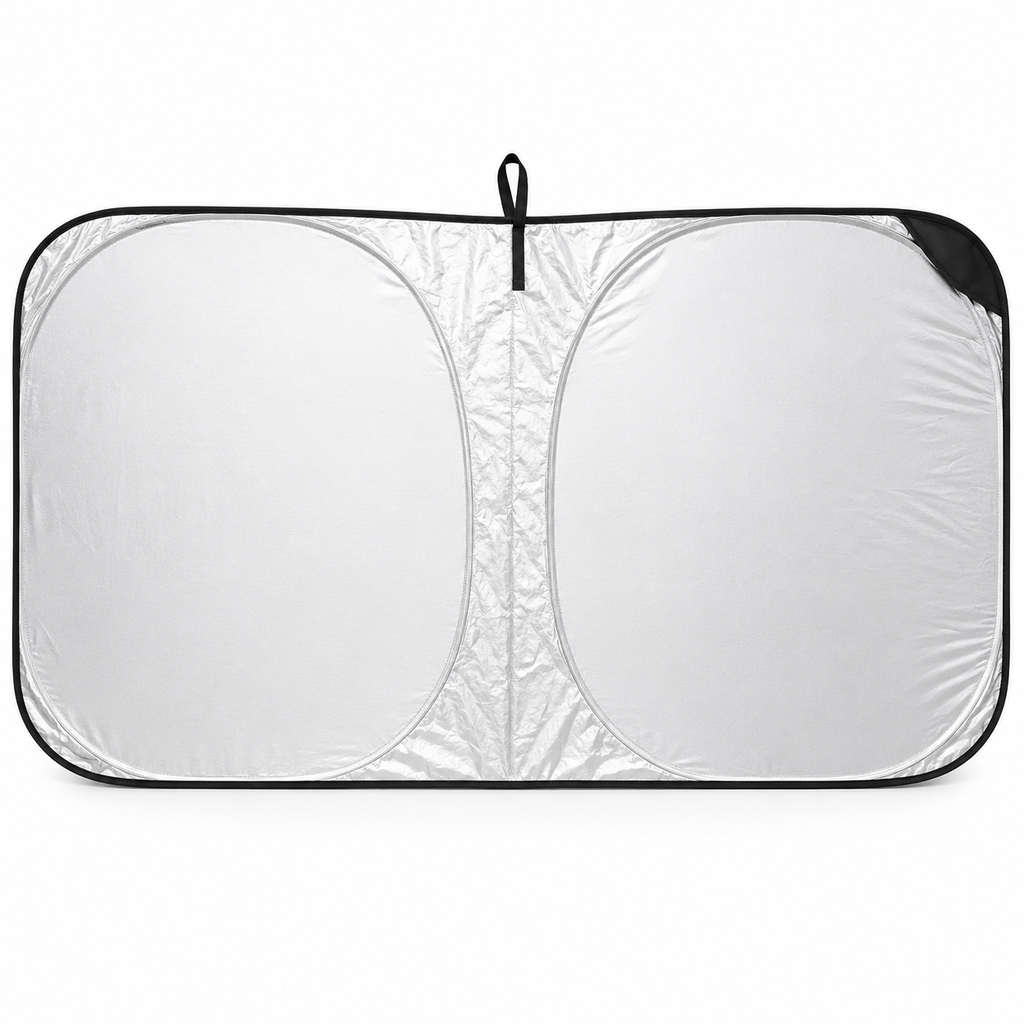 Foldable silver polyester car sun shade by 7AGAT, providing UV and heat protection with a universal fit for vehicles.