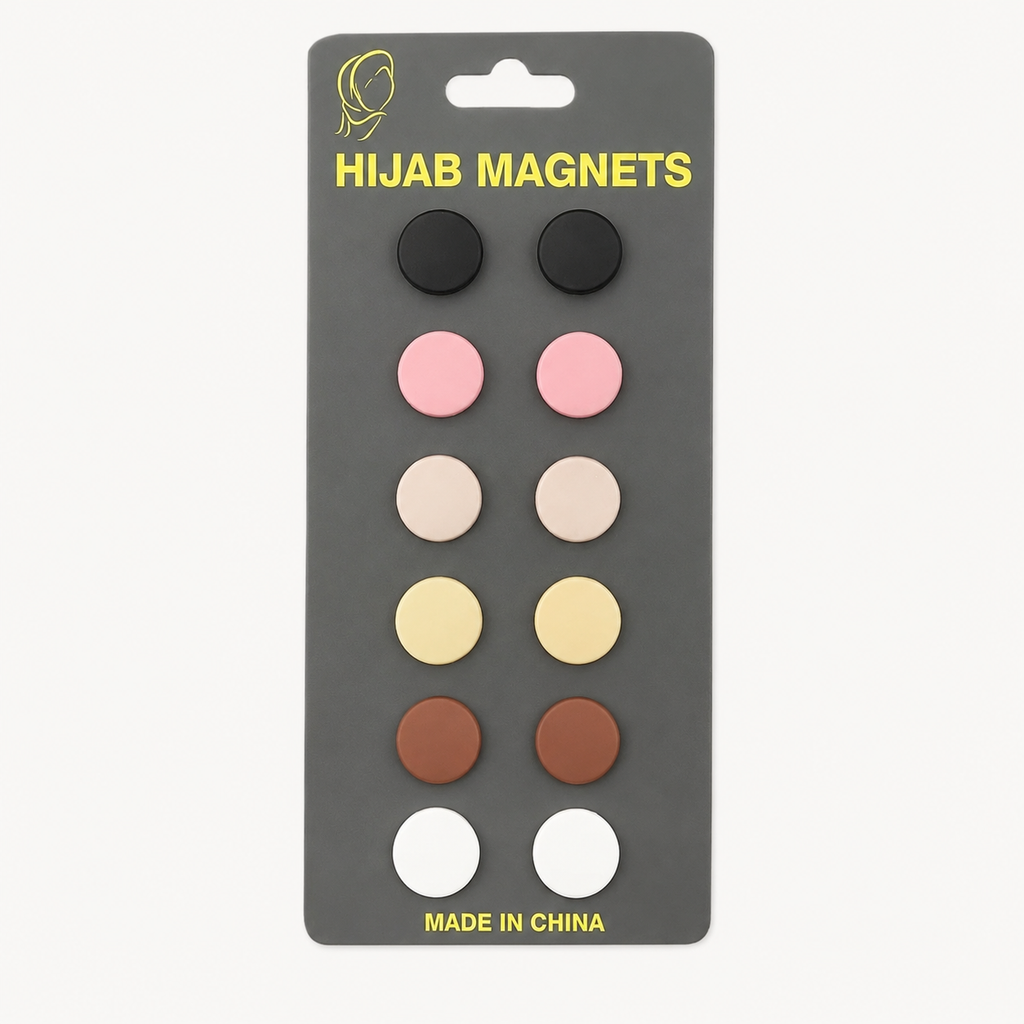 Set of 12 7AGAT magnetic hijab pins with no-snag safety design and strong hold for scarves, shown holding a hijab securely.