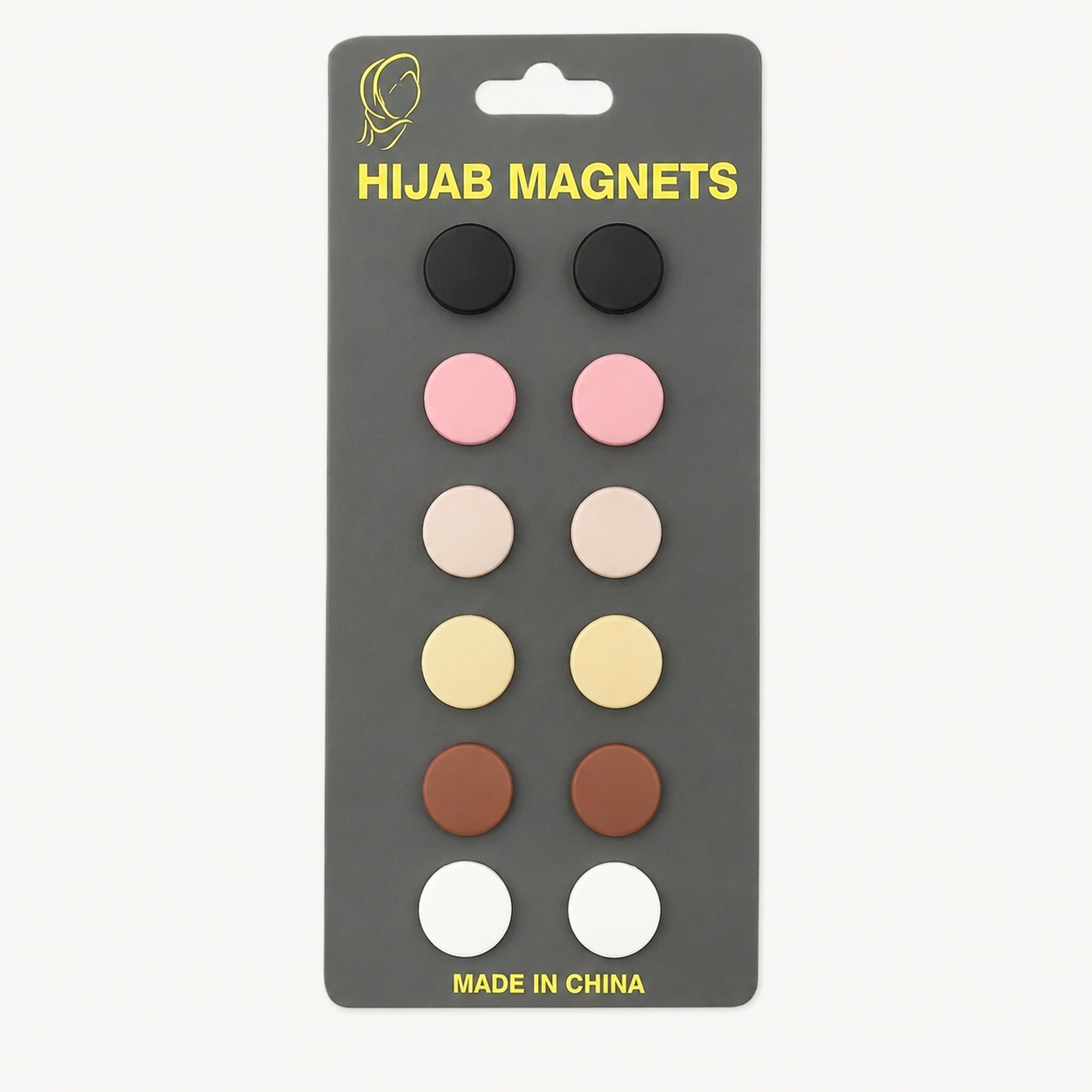 Set of 12 7AGAT magnetic hijab pins with no-snag safety design and strong hold for scarves, shown holding a hijab securely.