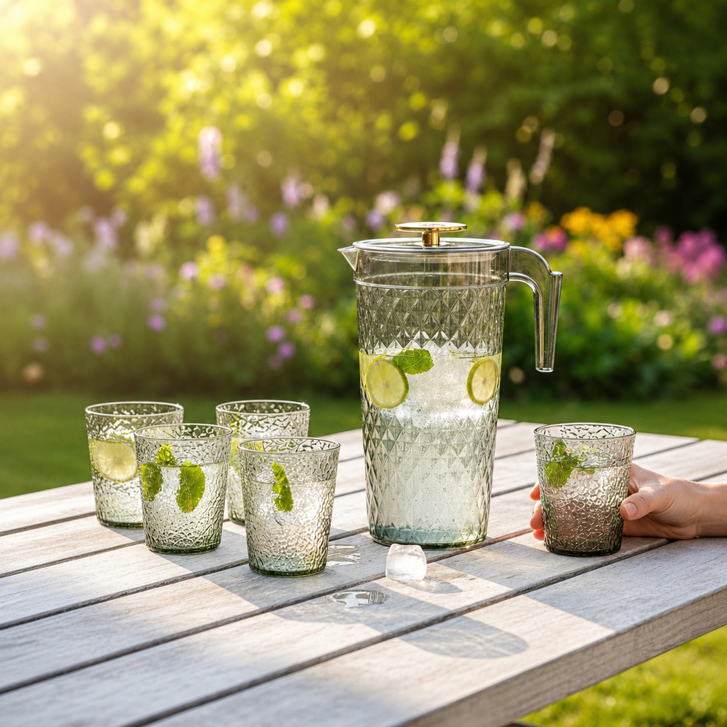 Acrylic water pitcher with four matching cups, lightweight and durable tableware set with easy-pour spout for beverages.