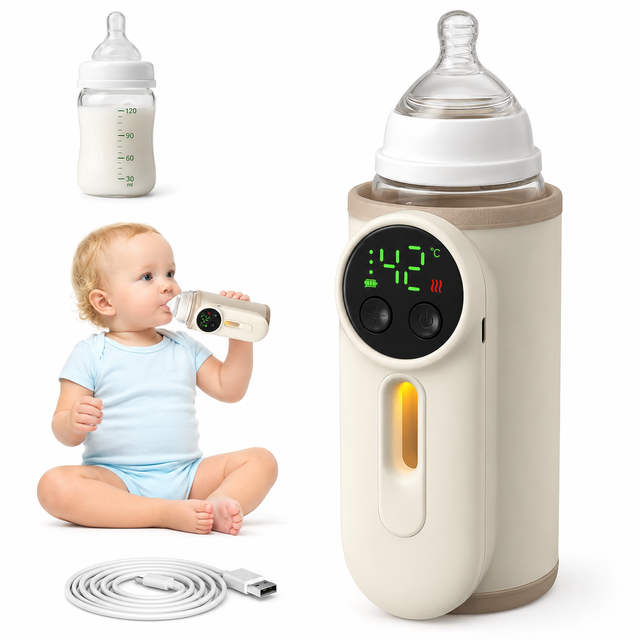 7AGAT baby milk warmer, cordless and leak-proof, keeps milk warm, charges while feeding, ideal for travel with infants.