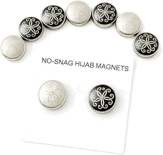 Set of two magnetic hijab pins by 7AGAT with decorative round design, no-snag metal scarf magnets for elegant scarf styling.