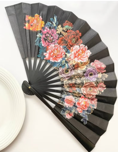 7AGAT hand fan with durable plastic and leather, featuring a double-sided floral pattern, folding design for weddings and celebrations.