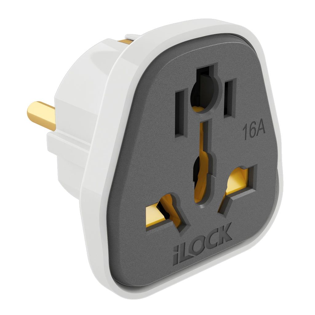 White 7AGAT iLOCK Slim universal plug adapter with multi-standard socket, compact travel power converter and 16A 250V capacity