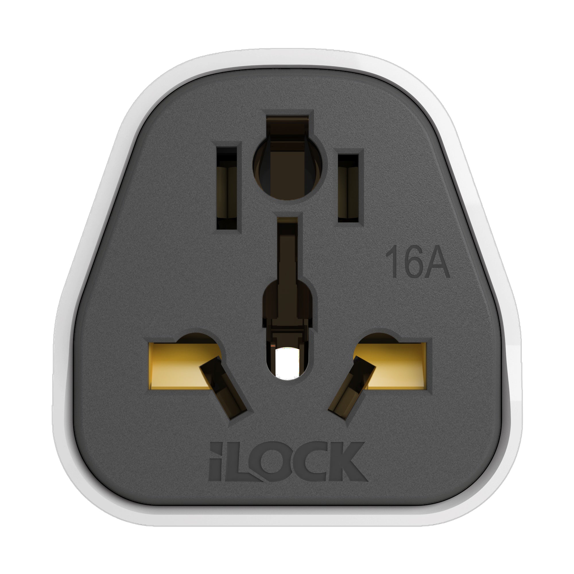 White iLOCK Slim universal plug adapter by 7AGAT with multi-standard socket, compact travel power converter, 16A 250V 3500W