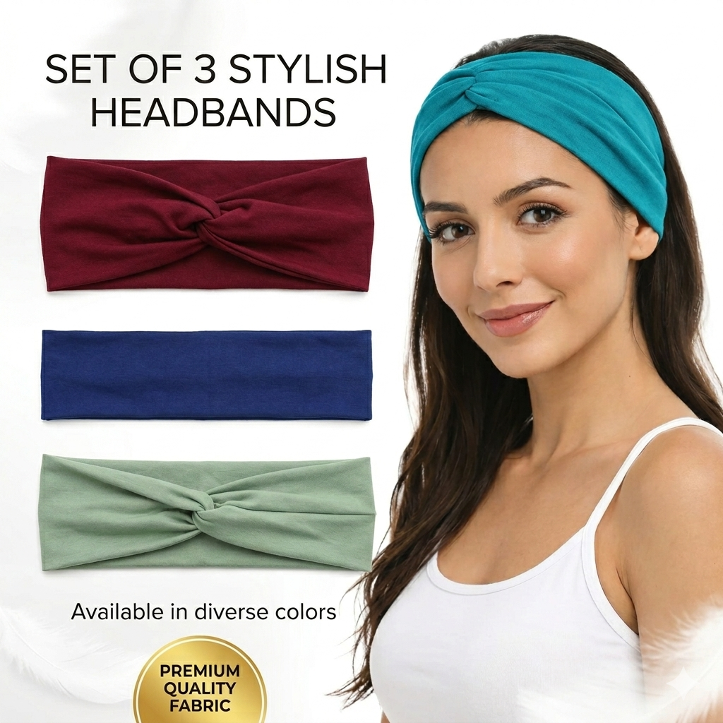 Set of three women's headbands by 7AGAT featuring twisted knot, flat, and crossover styles in soft stretch fabric for yoga and everyday wear.