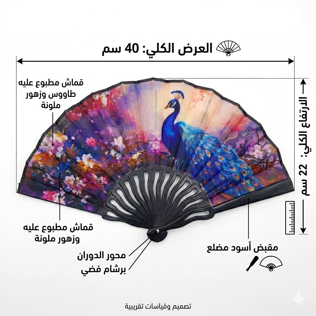 7AGAT hand folding fan with peacock print, foldable plastic frame and printed fabric for personal cooling and decorative use.