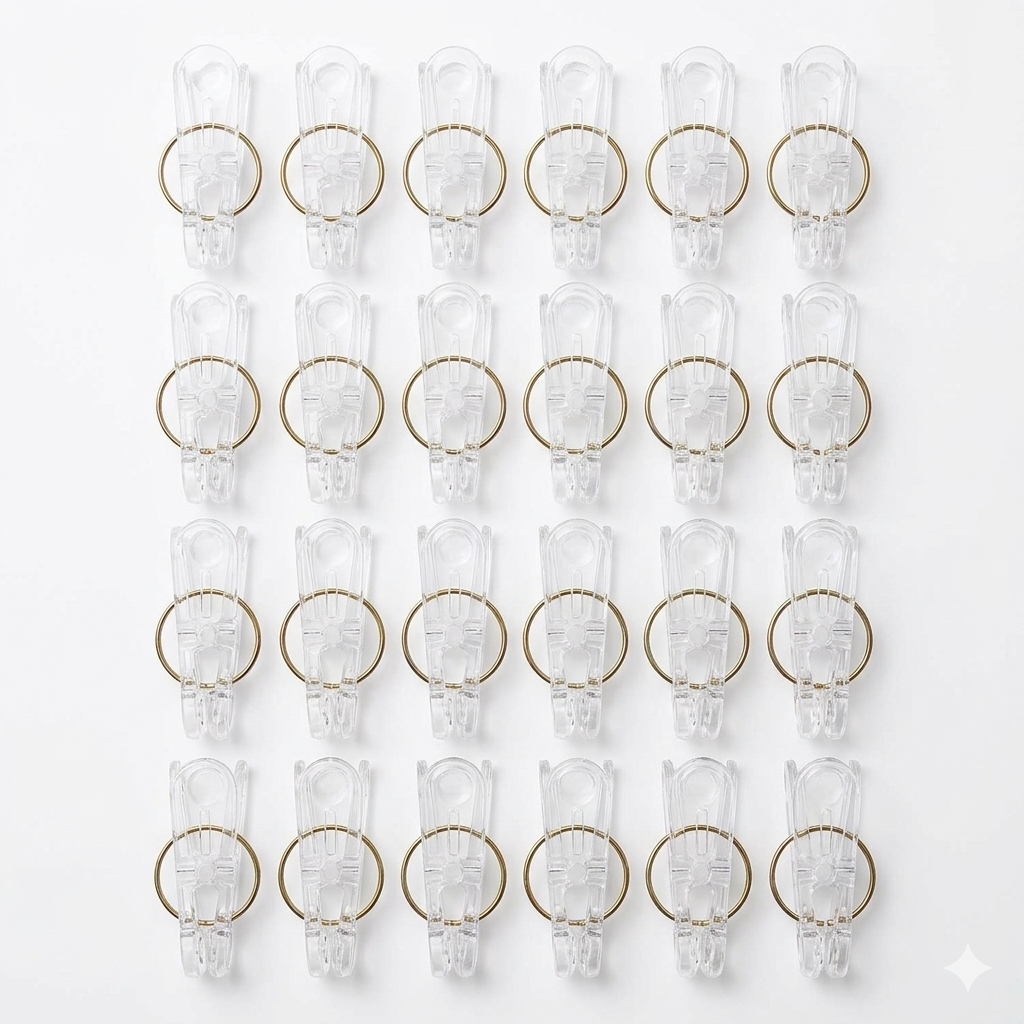 Set of 24 clear plastic clothespins with metal hanging rings, ideal for laundry, photos, and craft projects.