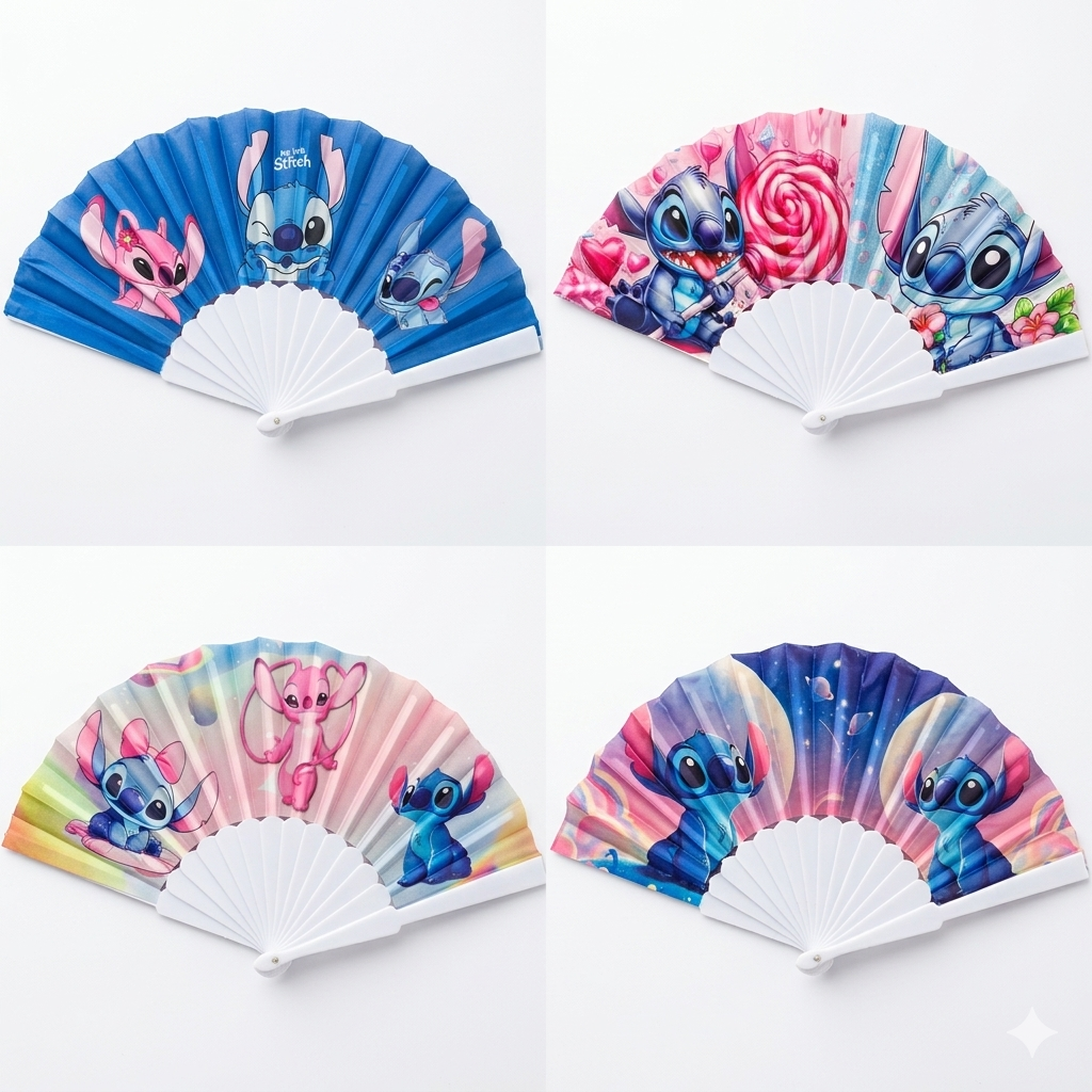 A Stitch cartoon folding hand fan featuring a colorful stitched character, lightweight and portable for parties and daily use.