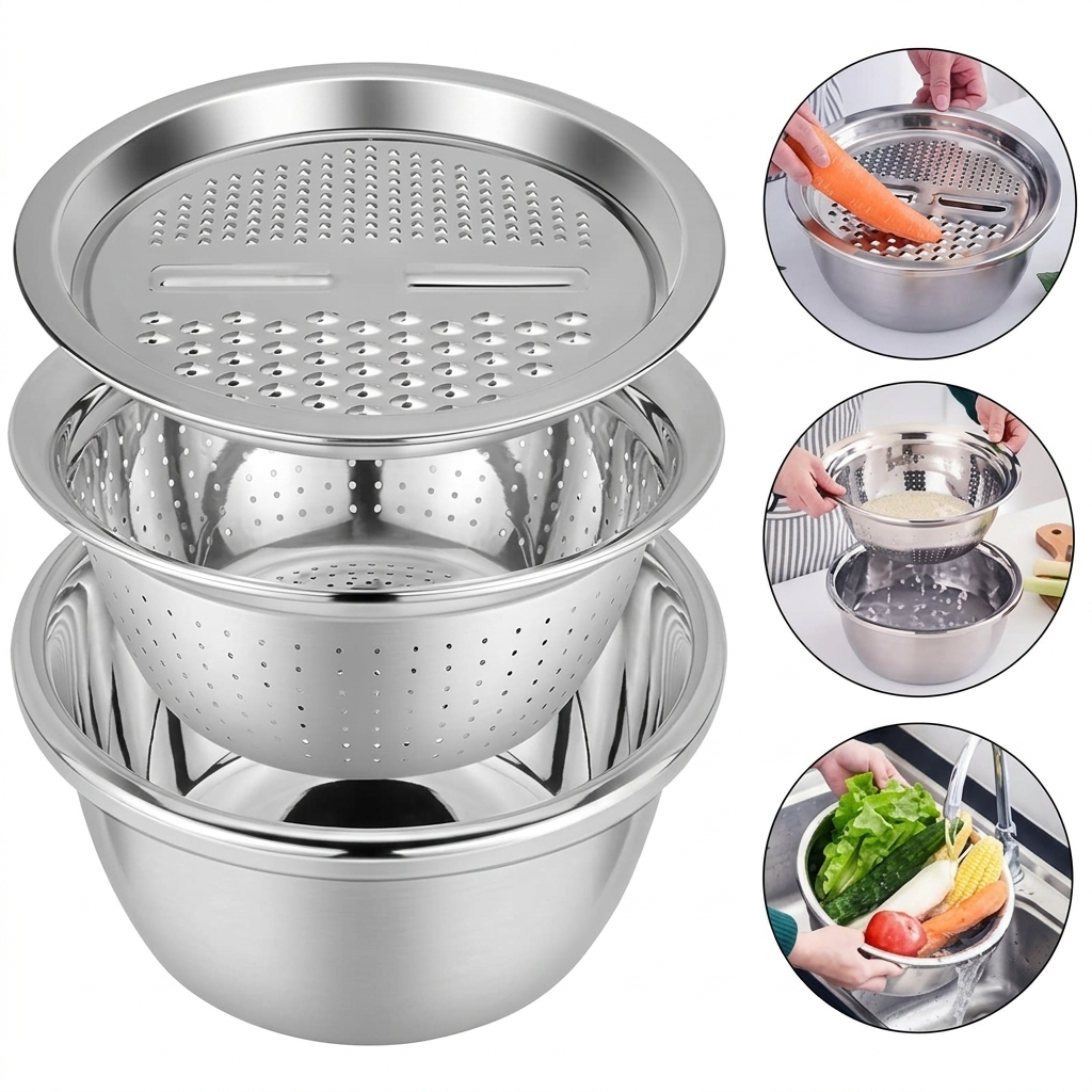 Set of three stainless steel mixing bowls with colander and grater lid, versatile kitchen basins for washing, mixing, and food prep.