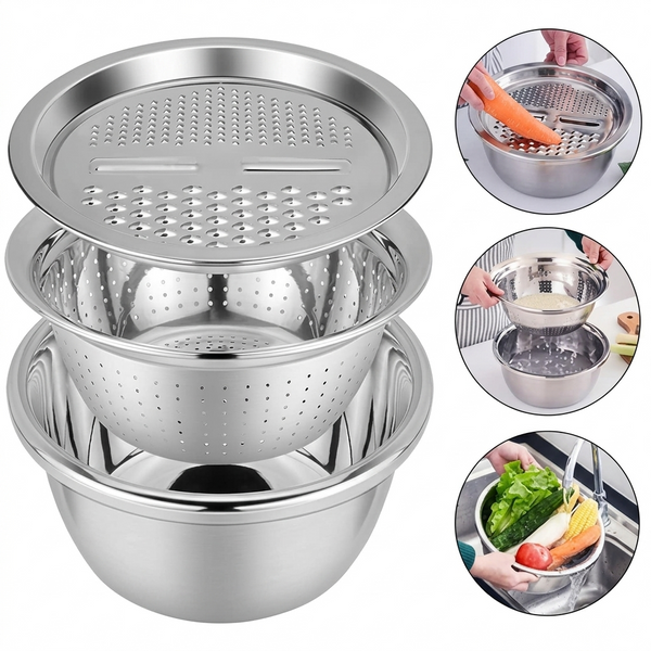 Set of three stainless steel mixing bowls with colander and grater lid, versatile kitchen basins for washing, mixing, and food prep.