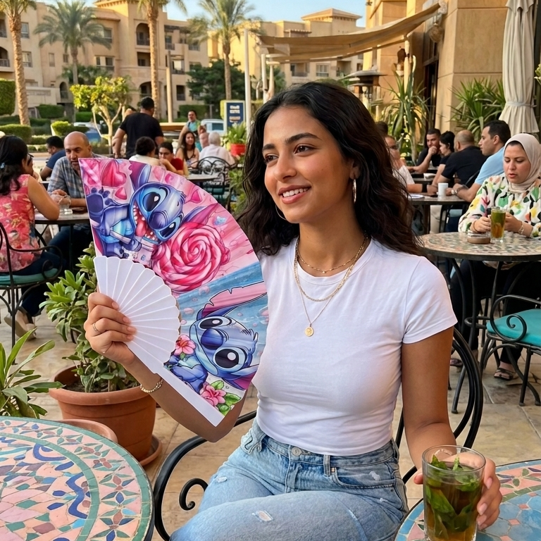 Stitch cartoon folding hand fan featuring a playful Stitch design, lightweight and portable for parties, events, and daily use.