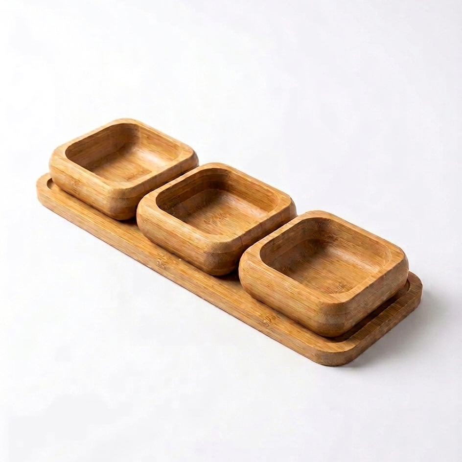 7AGAT bamboo serving tray set with three square bowls for snacks, fruit, candy, and appetizers, crafted from natural wood.