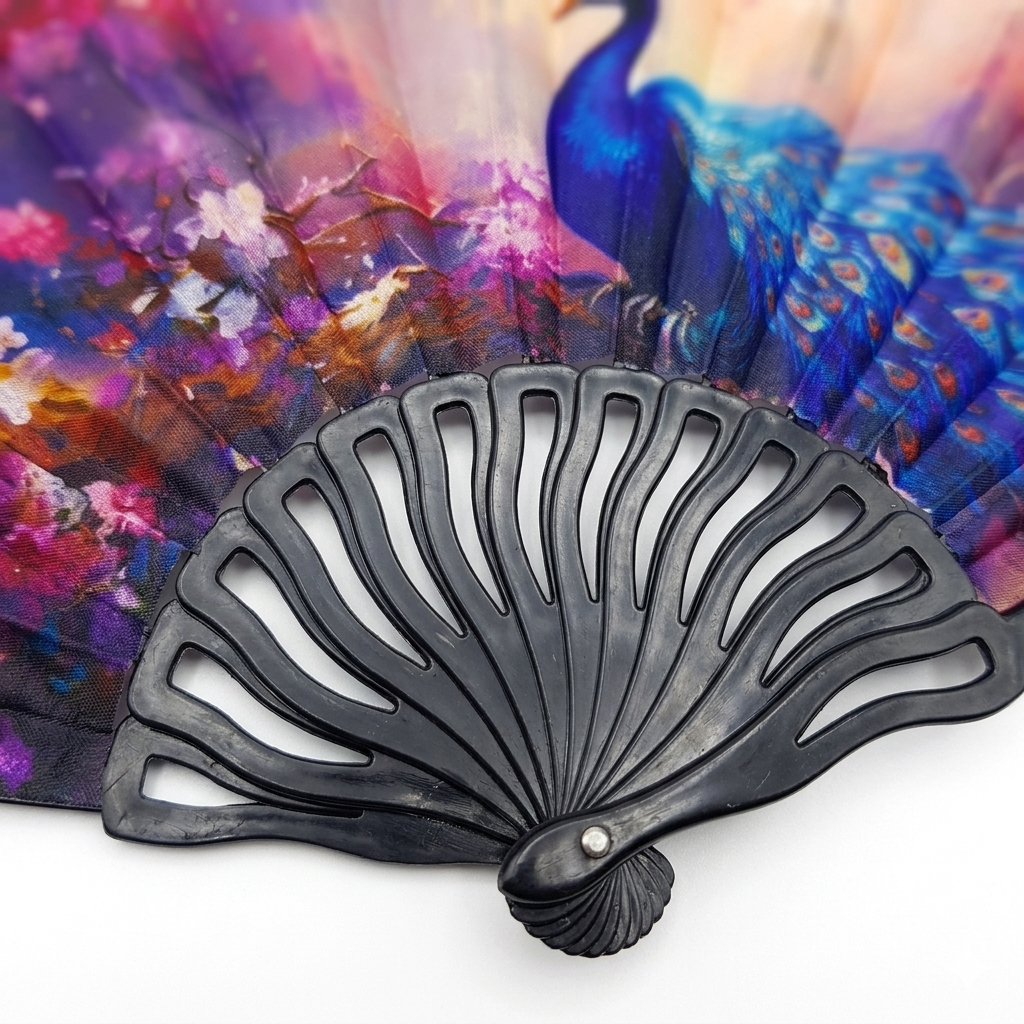 7AGAT hand folding fan with peacock print, foldable plastic frame and printed fabric, ideal for cooling and decorative use.