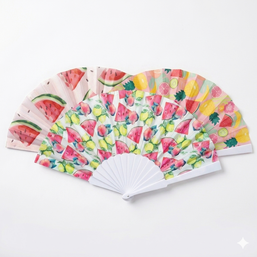 7AGAT hand folding fan with watermelon print, plastic frame, foldable design, perfect for summer outdoor events and travel.