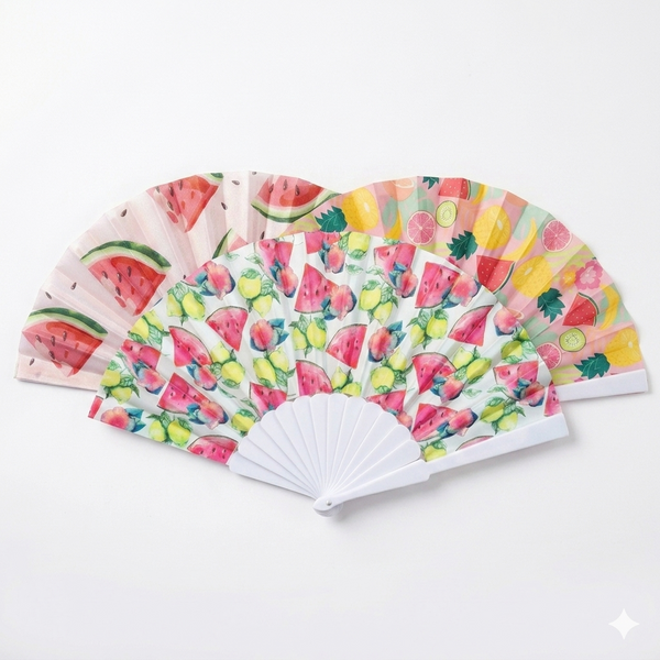 7AGAT hand folding fan with watermelon print, plastic frame, foldable design, perfect for summer outdoor events and travel.