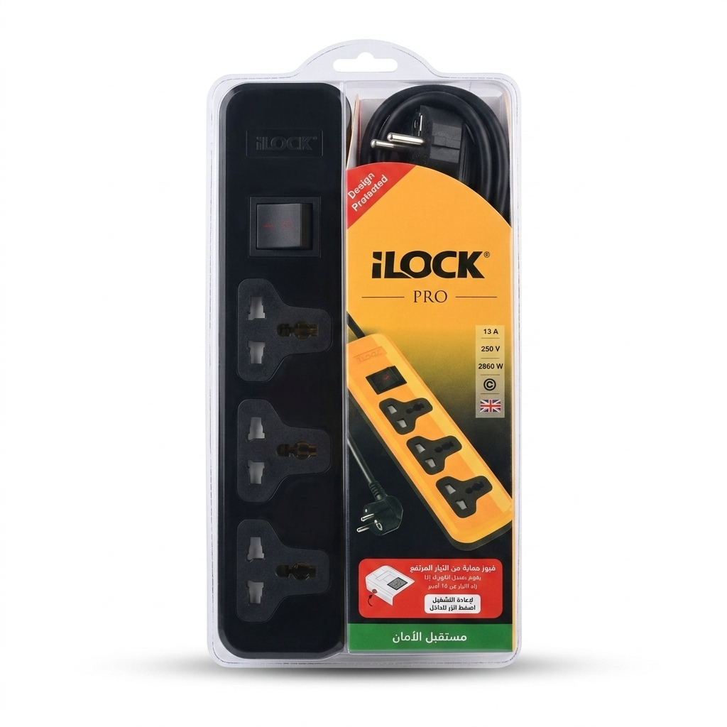 7AGAT iLOCK 3 Universal Socket Power Strip with 3M cable, overload protection, plug guard, and 16A current capacity.