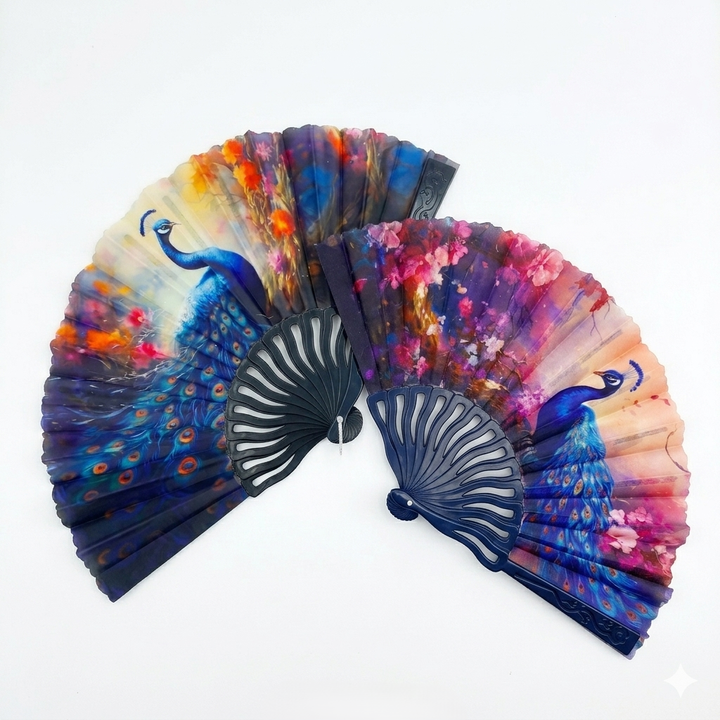 7AGAT hand folding fan with peacock print, foldable plastic frame and printed fabric, ideal for personal cooling and decorative use.