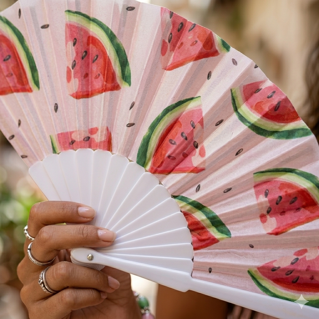 Watermelon print hand folding fan with plastic frame, foldable and portable for summer outdoor events and travel by 7AGAT.
