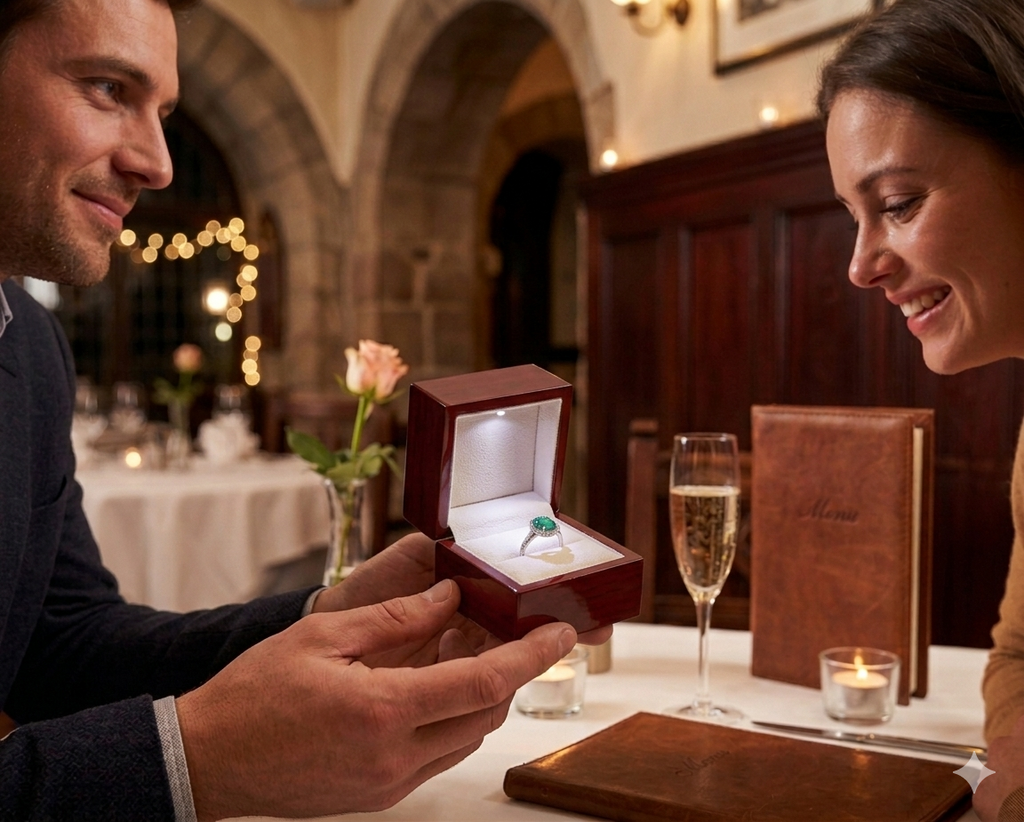 Luxury arc-shaped LED ring box by 7AGAT, elegant jewelry gift box with light for wedding and proposal rings.