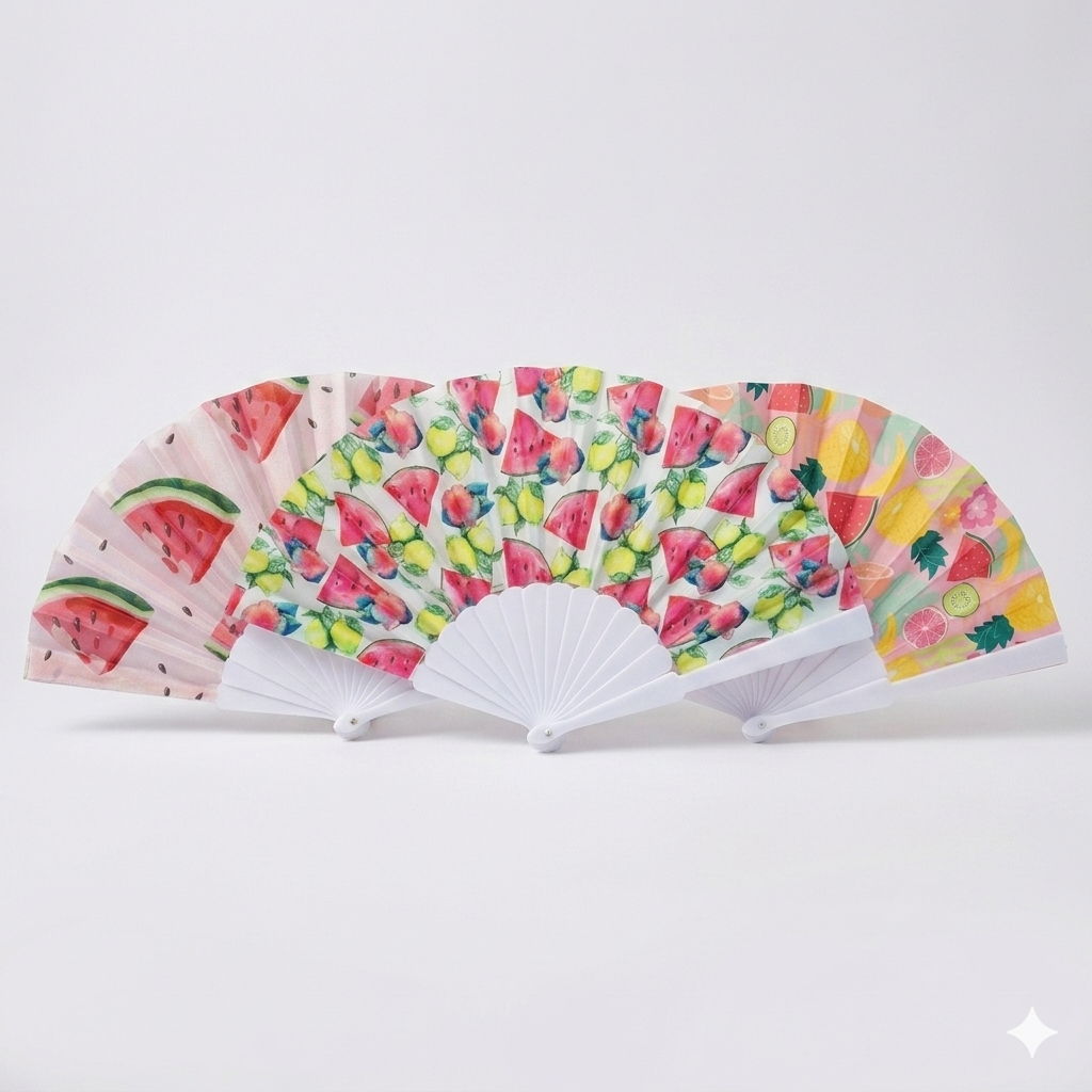 Watermelon print hand folding fan by 7AGAT with plastic frame, foldable and portable for summer outdoor events and travel.