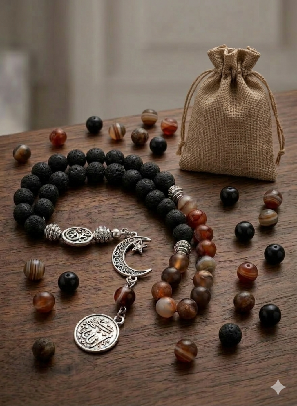 Beaded bracelet with charms on a wooden surface next to a burlap bag.