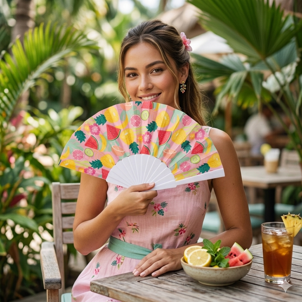 7AGAT hand folding fan with watermelon print, plastic frame, foldable design, perfect for summer outdoor events and travel.