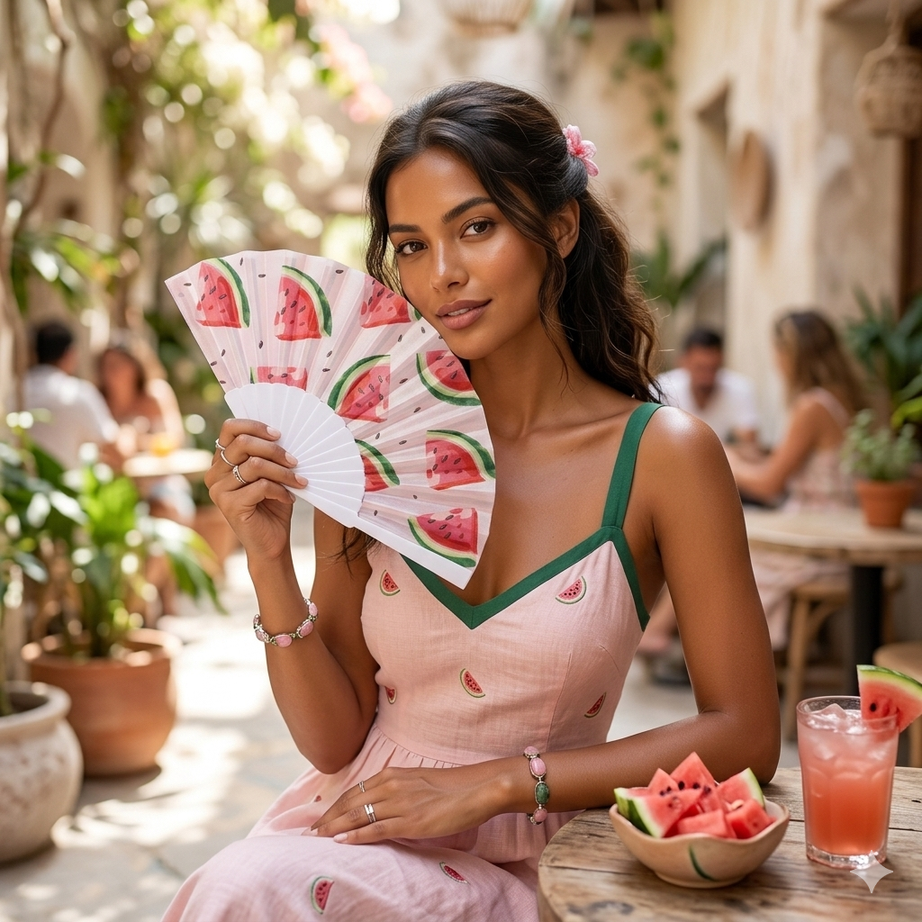 7AGAT hand folding fan with watermelon print, plastic frame, foldable design, perfect for summer outdoor events and travel.