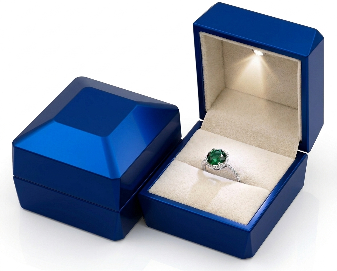Luxury arc-shaped LED ring box by 7AGAT, illuminated jewelry gift box for proposals, engagements, and weddings.