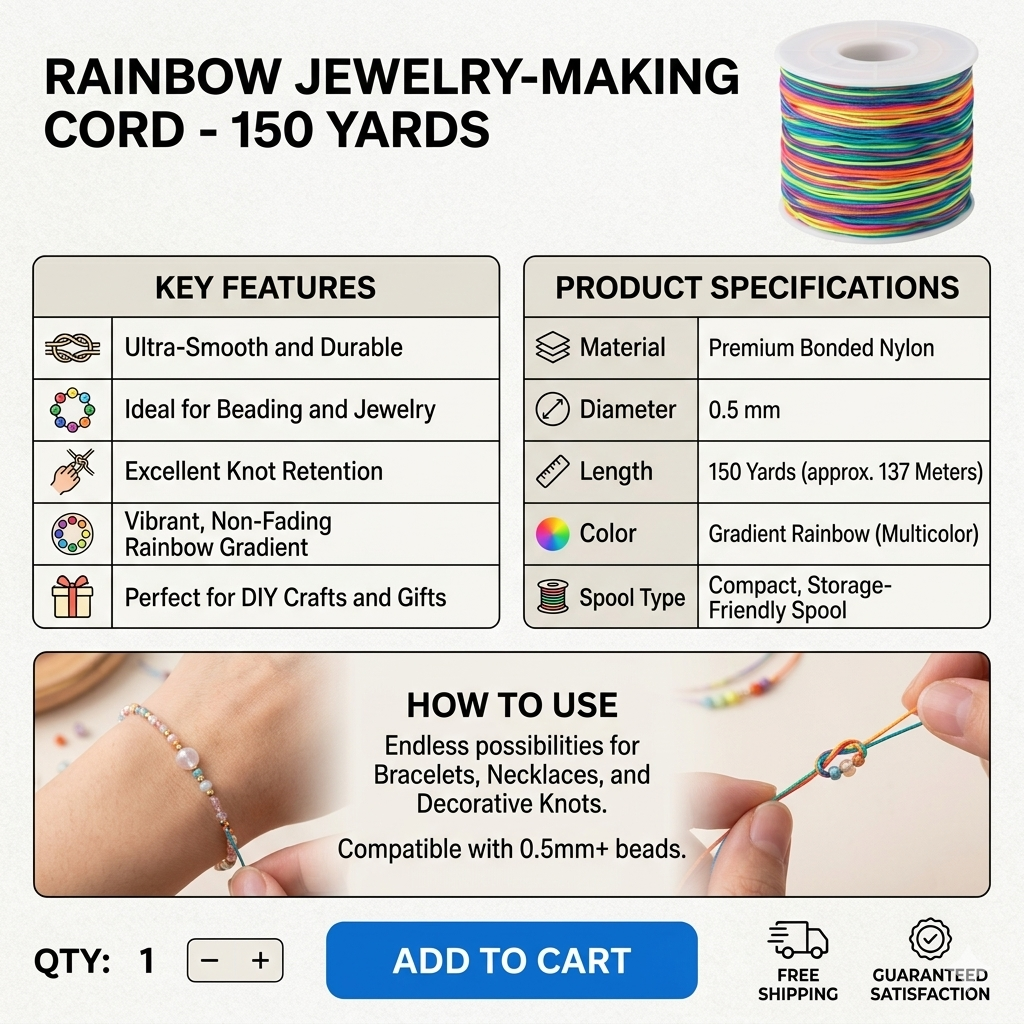 Premium Rainbow Nylon Jewelry-Making Cord – 0.5 mm, 150 Yards (Multicolor)