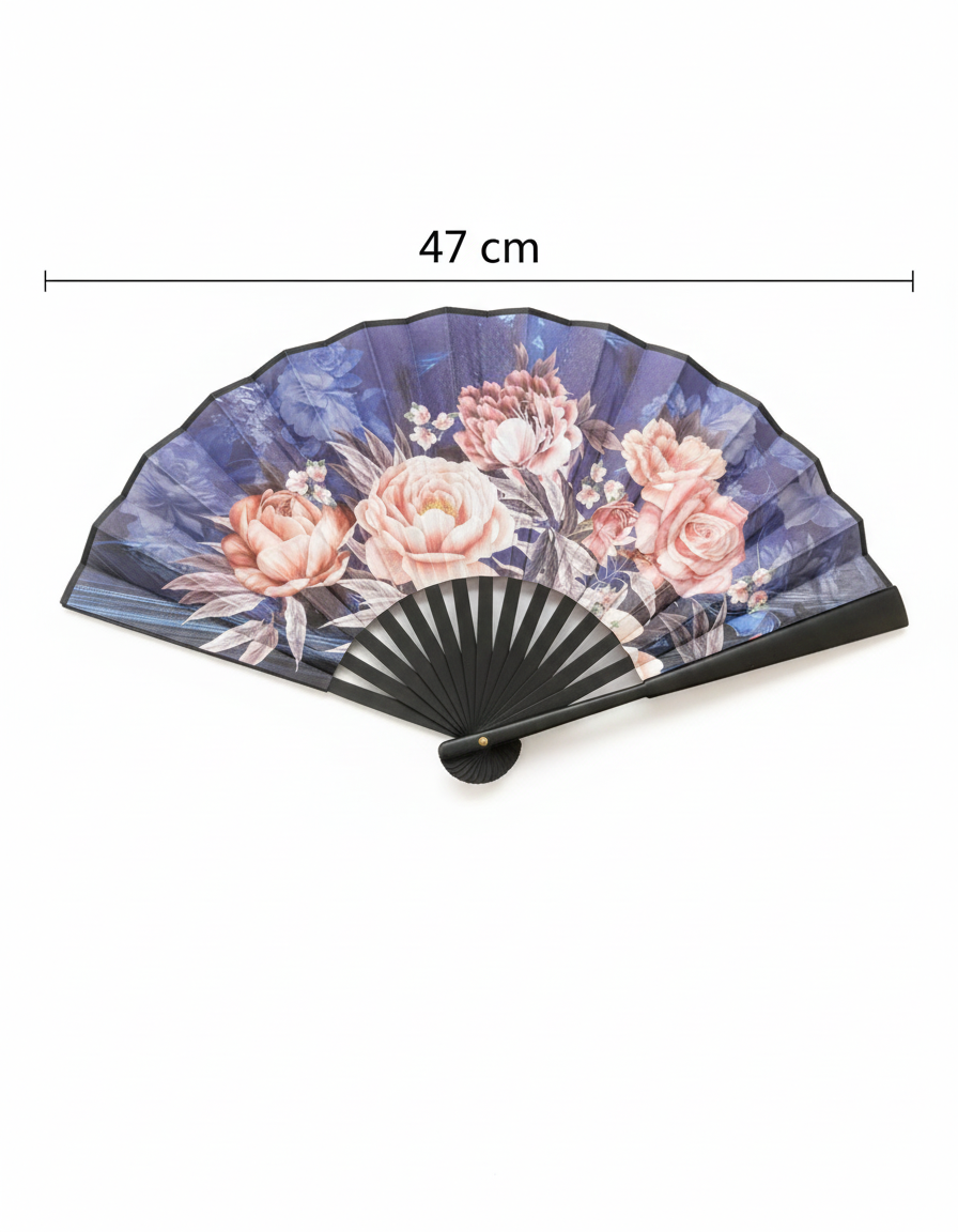 Double-sided folding hand fan by 7AGAT with floral pattern, made of durable plastic and leather, perfect for weddings and celebrations.