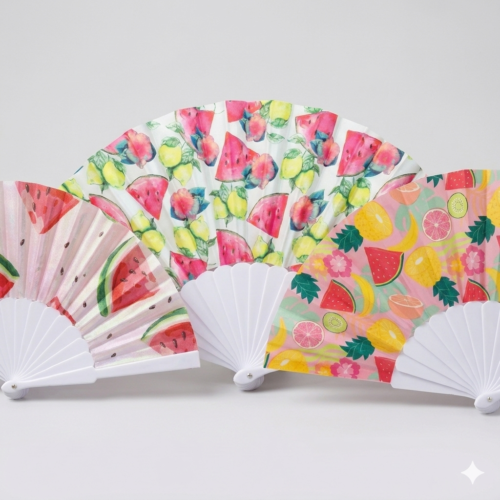 Hand folding fan with watermelon print and assorted patterns, plastic frame, foldable and portable for summer outdoor events.