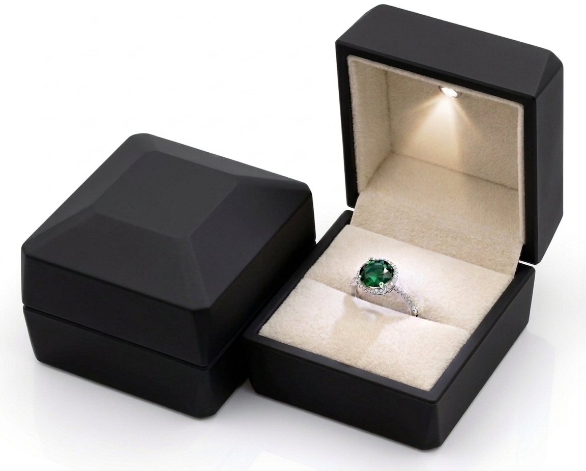 Luxury arc-shaped LED ring box by 7AGAT, illuminated jewelry gift box for proposals, weddings, and engagements.