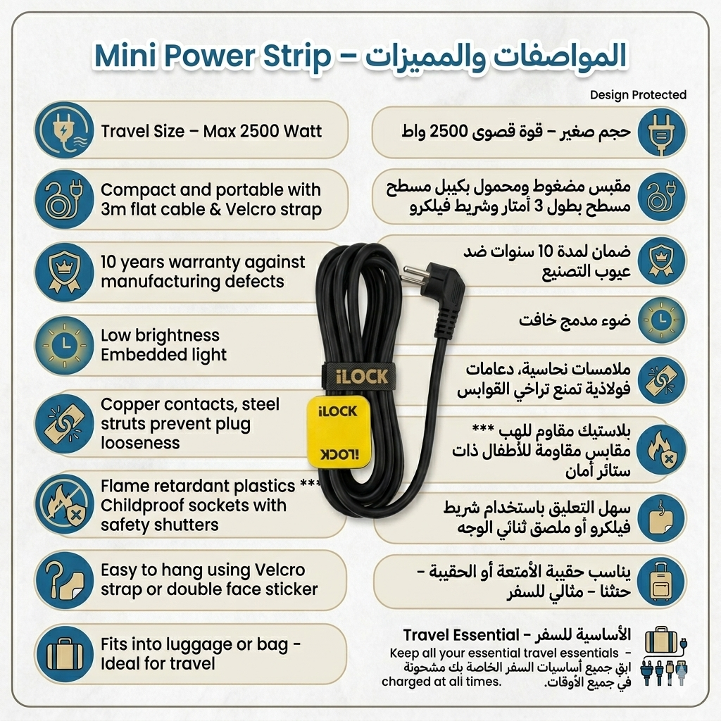 iLOCK Mini Power Strip 3 Outlets, 3M Retractable Cable, Copper Sockets, Soft Night Light, Portable & Hanging Design, 10 Years Warranty