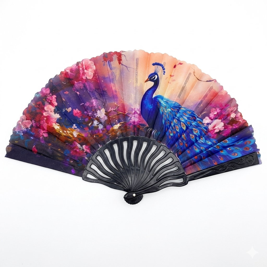 7AGAT hand folding fan with peacock print, foldable plastic frame and printed fabric for personal cooling and decoration.