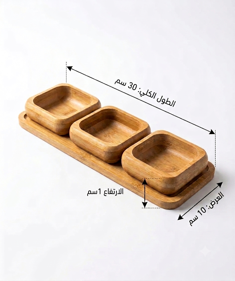 7AGAT bamboo serving tray set with three square bowls for snacks, fruit, candy, and appetizers, made of natural wood.
