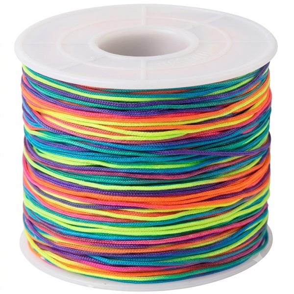 Multicolor rainbow nylon jewelry-making cord, 0.5 mm thick, 150 yards long, suitable for jewelry and accessory crafting.