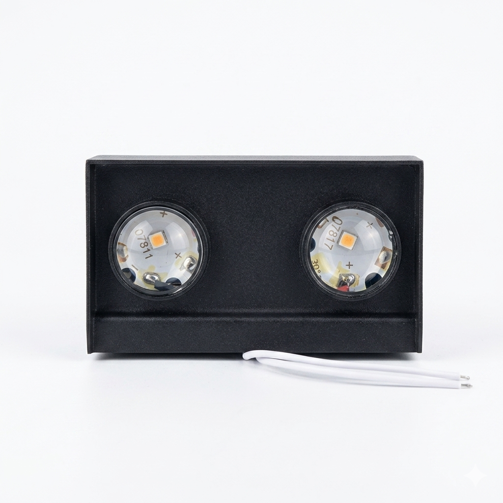 7AGAT dual head LED wall light with warm white 2W LED bulbs, modern indoor wall lamp, energy-efficient decorative lighting.