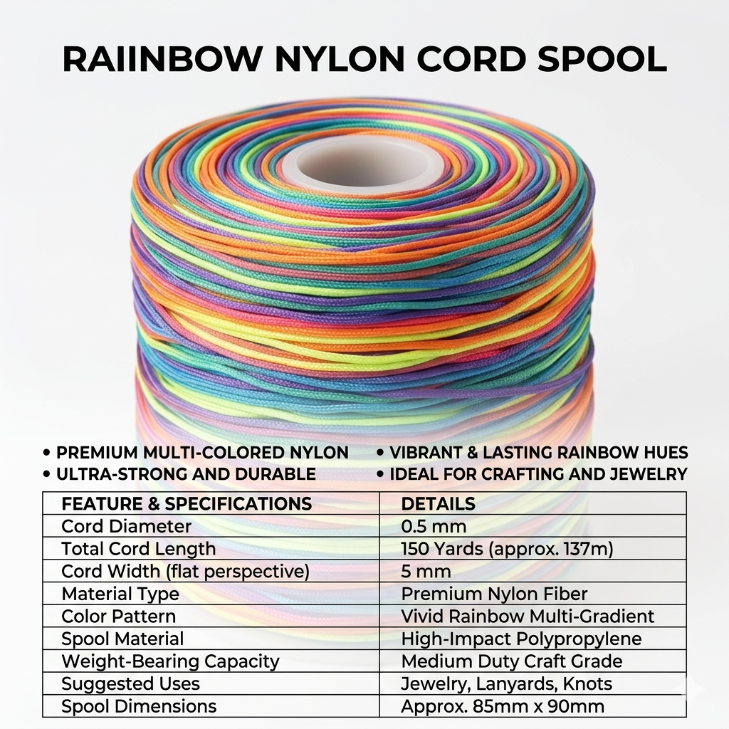 Premium Rainbow Nylon Jewelry-Making Cord – 0.5 mm, 150 Yards (Multicolor)