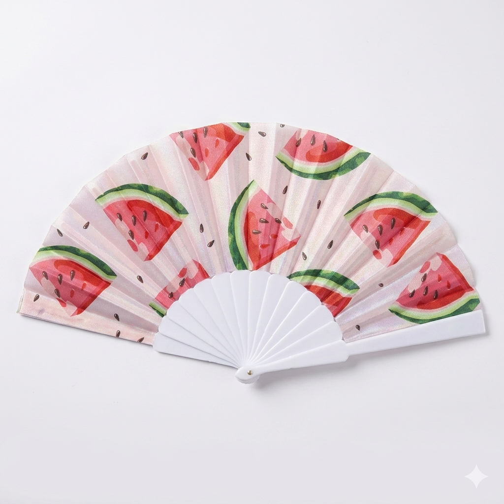 Watermelon print hand folding fan with plastic frame, portable and foldable, perfect for summer outdoor events and travel by 7AGAT.