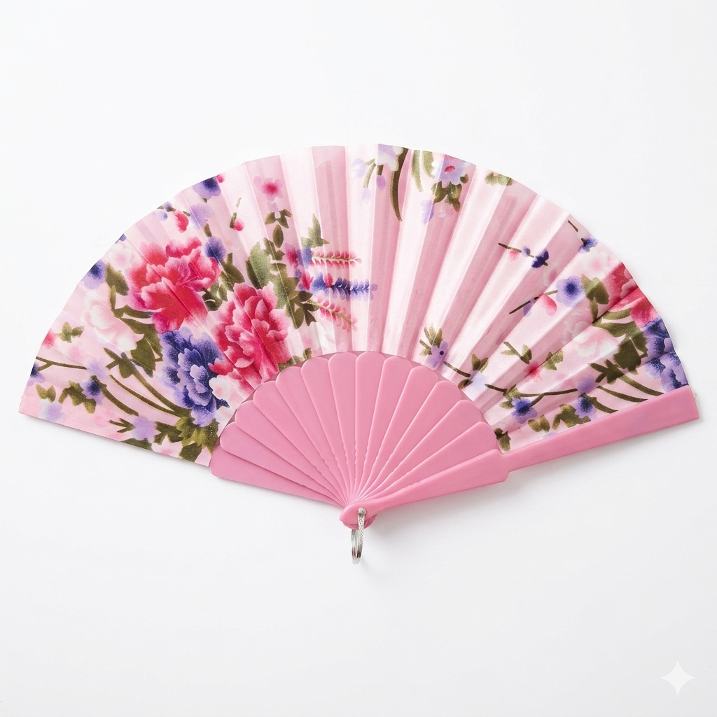 Foldable floral design hand fan by 7AGAT with printed fabric and plastic frame, ideal for weddings, parties, travel, and daily use.
