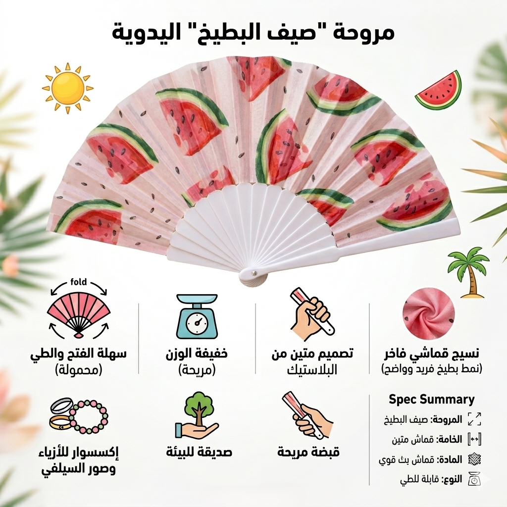 Watermelon print hand folding fan with plastic frame, 7AGAT brand, foldable and portable for summer outdoor events and travel.
