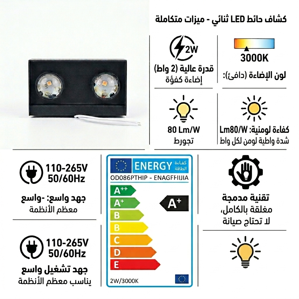 Dual head LED wall light by 7AGAT with warm white 2W bulbs, modern indoor decorative lamp for ambient lighting.