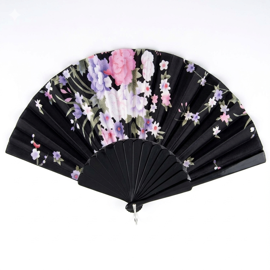 Foldable floral design hand fan by 7AGAT with printed fabric and plastic frame, ideal for weddings, parties, travel, and daily use.