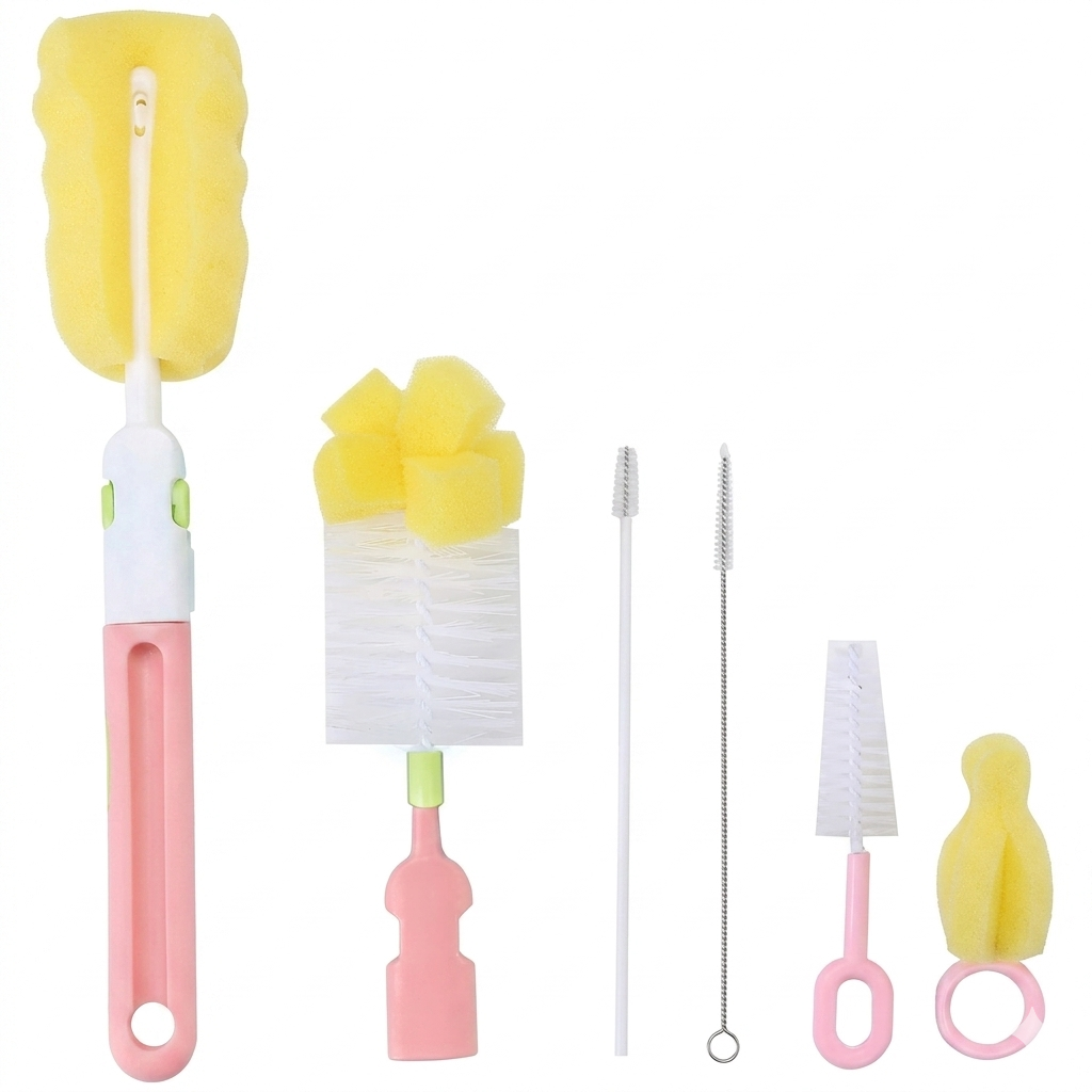 7AGAT 6-piece baby bottle cleaning brush set with sponge and bristle brushes in pink and yellow for thorough cleaning.
