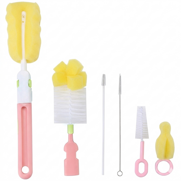 7AGAT 6-piece baby bottle cleaning brush set with sponge and bristle brushes in pink and yellow for thorough cleaning.