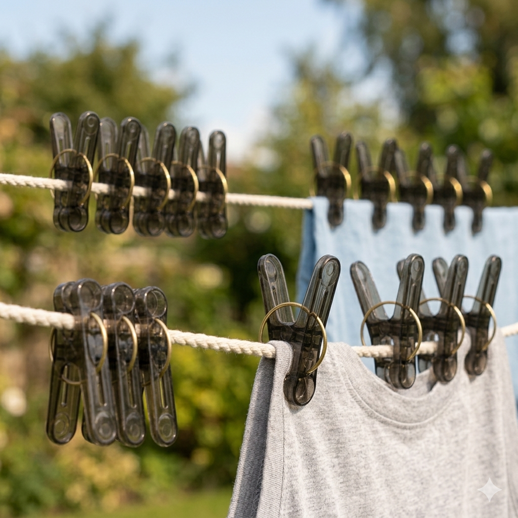Set of 24 clear plastic clothespins with metal hanging rings, ideal for laundry, photos, and craft projects.