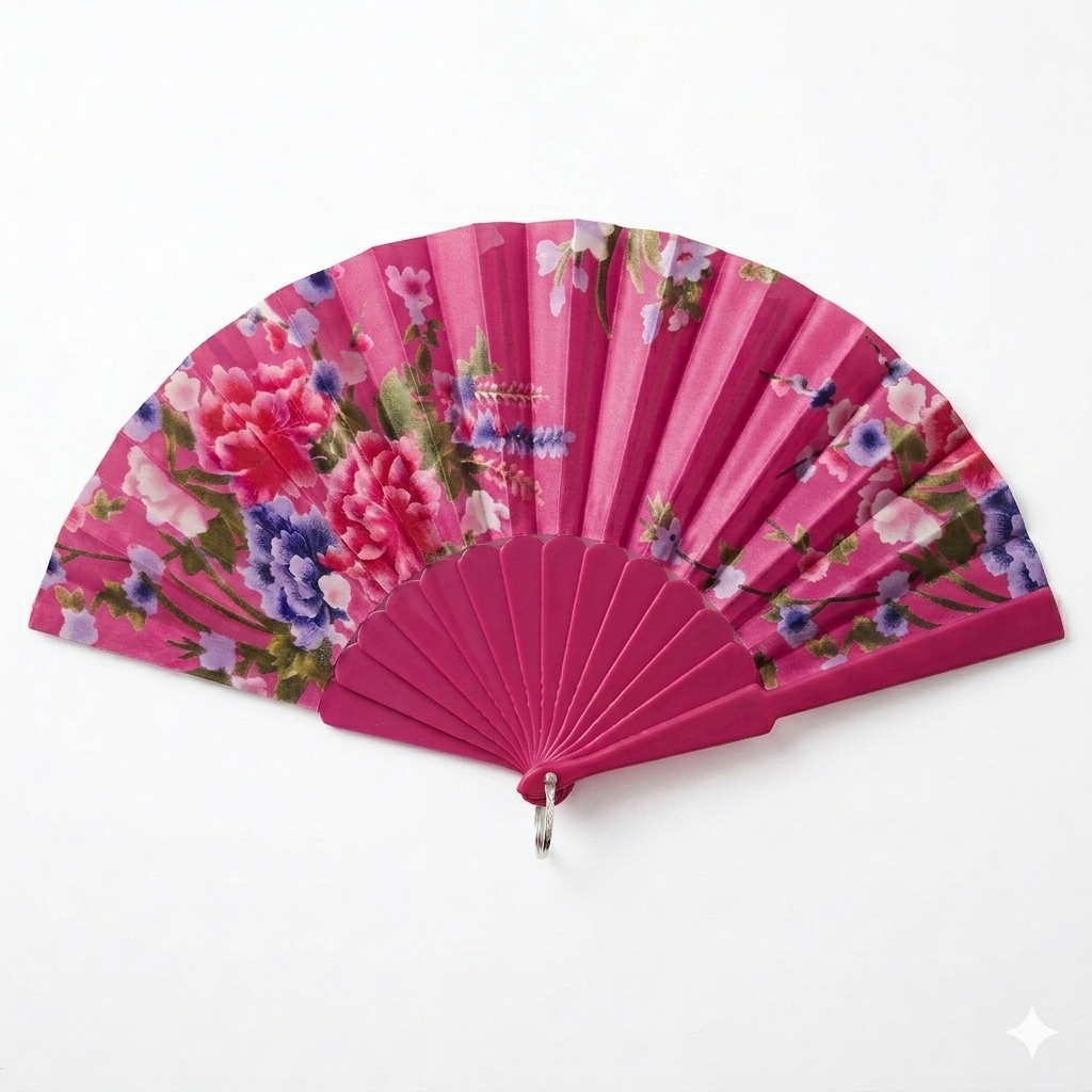 7AGAT floral foldable hand fan with printed fabric and plastic frame, ideal for weddings, parties, travel, and daily use.