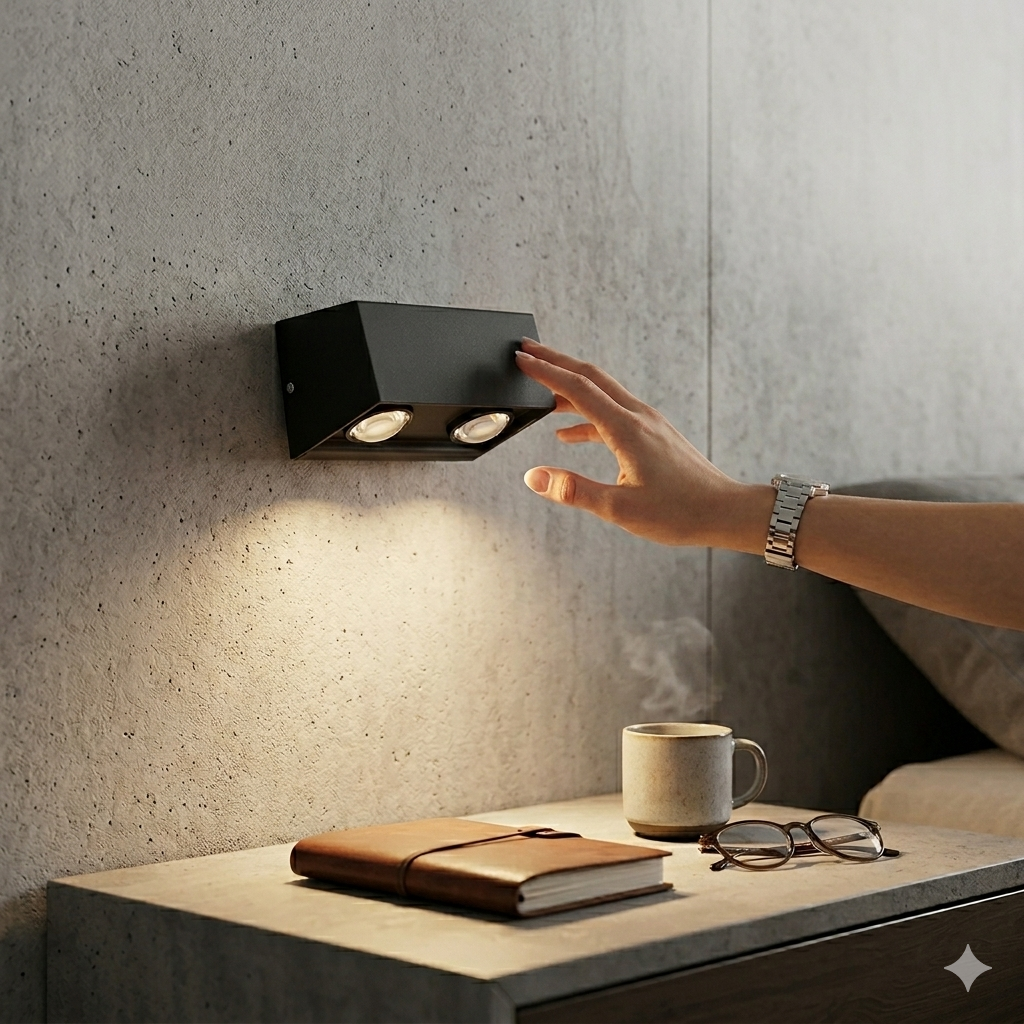 Dual head LED wall light by 7AGAT with warm white 3000K glow, modern indoor decorative lamp, energy-efficient wall lighting.