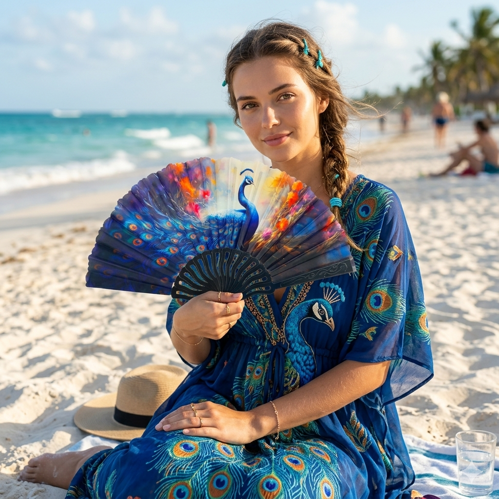 7AGAT hand folding fan with peacock print, foldable plastic frame, printed fabric, ideal for personal cooling and decorative use.